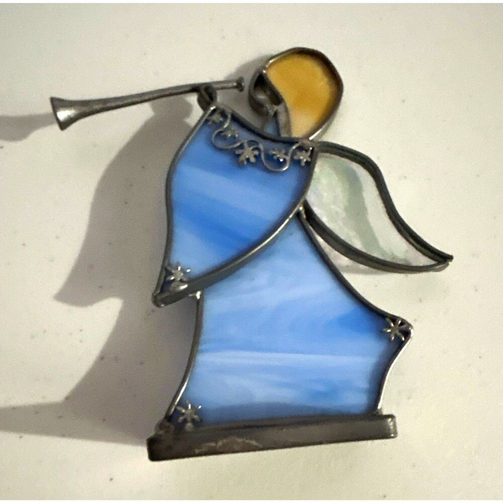 Stained Glass Style Angel Figurine w/ Trumpet, Blue Dress, Glass/Metal